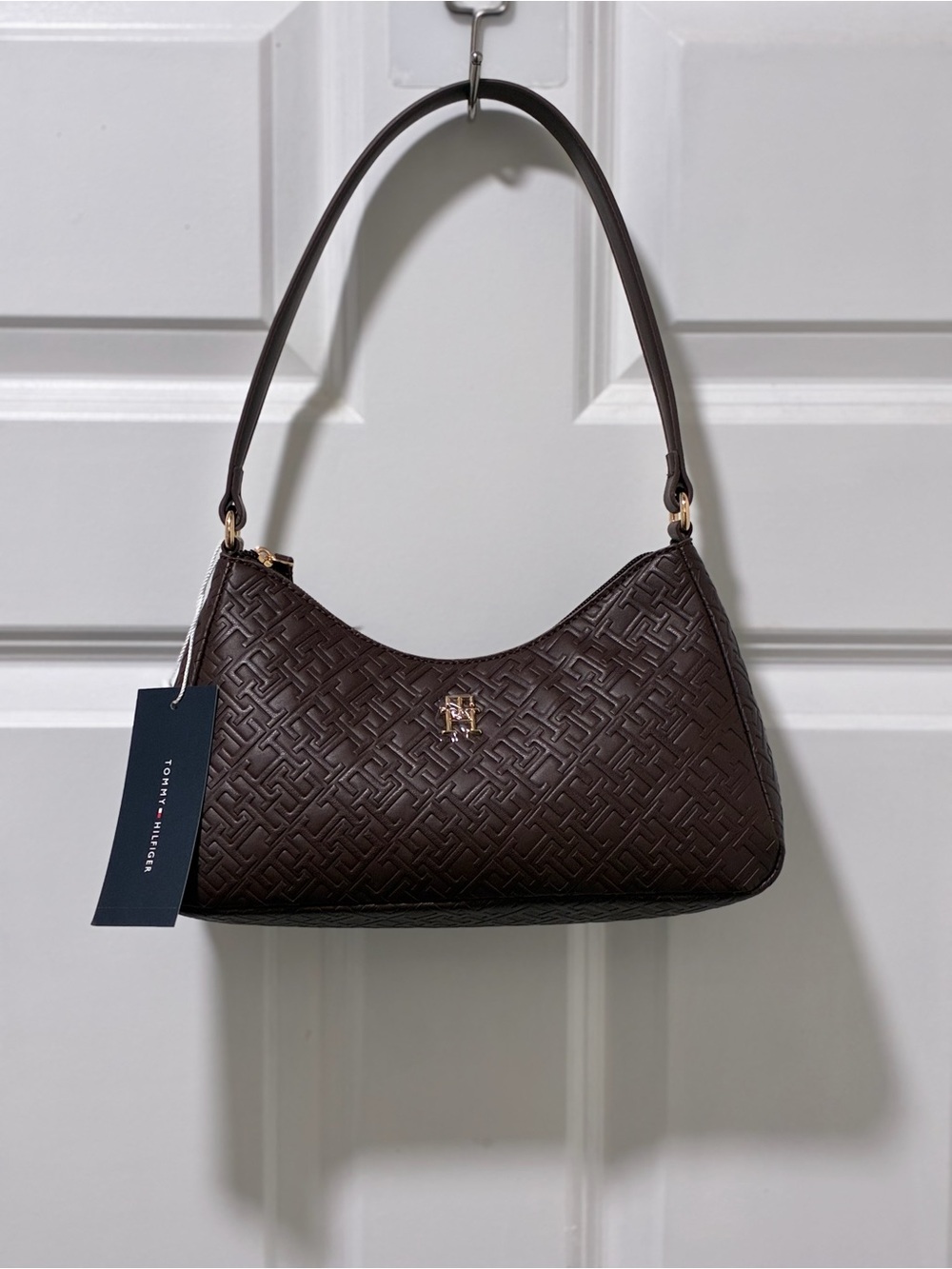 Tommy Hilfiger Dark Brown Embossed Shoulder Bag